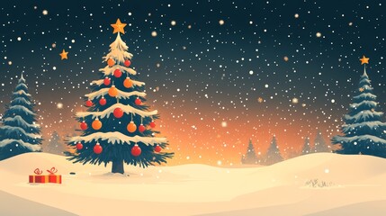 Wall Mural - A beautiful winter scene featuring a decorated Christmas tree, snow-covered ground, and falling snowflakes, creating a festive atmosphere.