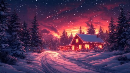 Sticker - A charming cabin in a snowy landscape, illuminated by warm lights under a starry sky. Perfect for winter and holiday themes.