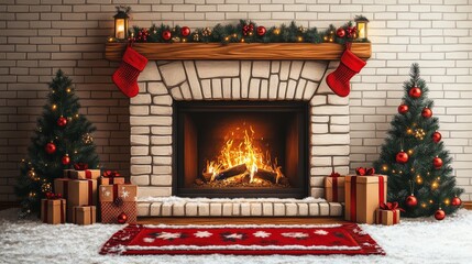 Poster - A cozy Christmas fireplace adorned with stockings, decorated trees, gifts, and a warm fire, creating a festive holiday atmosphere.