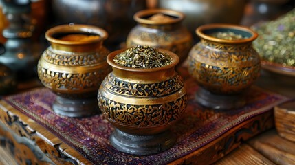 Wall Mural - Four gold and black vases with herbs in them sit on a rug