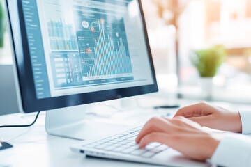 Poster - Conducting a thorough analysis of financial data using a modern computer while situated in a professional workspace environment