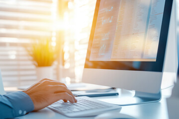 Poster - Conducting a thorough analysis of financial data using a modern computer while situated in a professional workspace environment