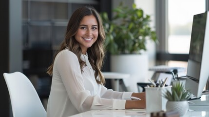 Wall Mural - The smiling woman at desk