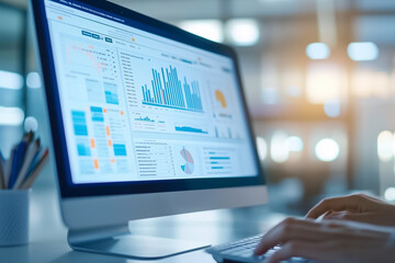 Poster - Conducting a thorough analysis of financial data using a modern computer while situated in a professional workspace environment