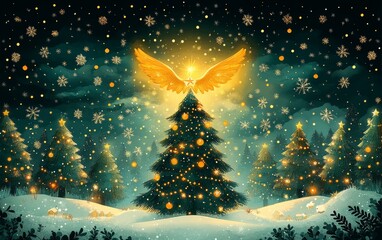 Wall Mural - A magical Christmas scene with a glowing tree and angelic wings under falling snow, evoking a sense of joy and wonder.