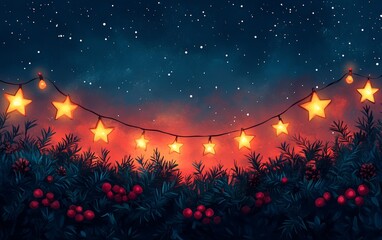 Poster - A magical night scene with glowing stars and vibrant foliage, perfect for holiday and festive themes.