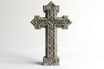 Ornate stone cross isolated on white background.