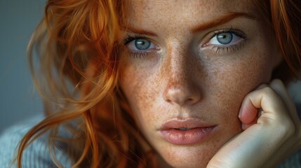 Wall Mural - Beautiful redhead woman hand resting on chin, gazes intently at the camera with a angry expression 