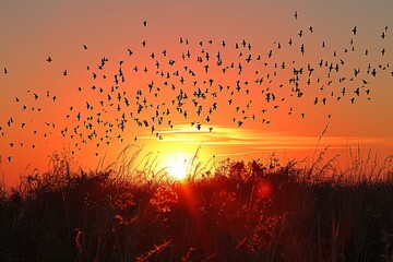 Wall Mural - Birds Flying in Silhouette Against an Orange Sunset