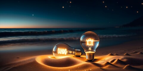 Two light bulbs are glowing on a sandy beach at dusk with the ocean in the background.