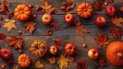 Wall Mural - Fall Harvest Decor Pumpkins leaves apples on wooden backdrop for Thanksgiving or Halloween theme