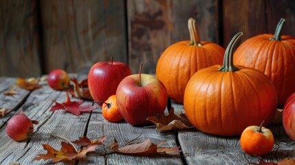 Wall Mural - Fall Harvest Decor Pumpkins leaves apples on wooden backdrop for Thanksgiving or Halloween theme