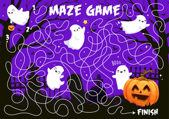 Aufkleber - Help to cute halloween kawaii ghosts find a pumpkin, labyrinth maze game. Find way kids riddle or maze, labyrinth game or puzzle vector worksheet with childish Halloween ghosts characters on cemetery