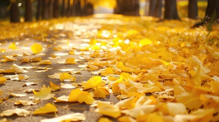 Fallen yellow leaves on park pathway