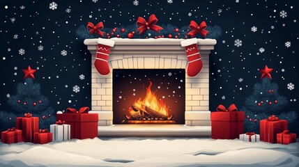 Poster - Cozy Christmas scene with a warm fireplace, decorated stockings, and festive presents under falling snowflakes.