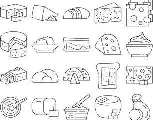 Wall Mural - Cheese Dairy Delicious Nutrition Icons Set Vector. Cheddar And Mozzarella, Blue Cheese And Feta, Gouda And Camembert, Swiss And Mascarpone Milky Eatery Food. Tasty Nutrient Black Contour Illustrations