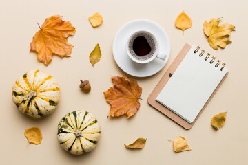 Wall Mural - Autumn composition: fallen leaves and notebook mock up on colored background. Top view. Flat lay with copy space