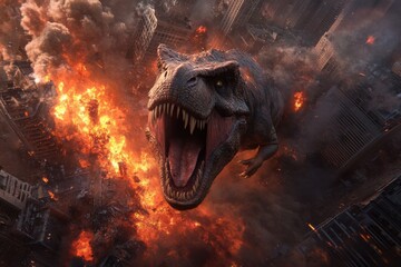 A fierce dinosaur roars amidst a blazing urban setting, with buildings engulfed in flames, epitomizing destruction and chaos in striking detail.