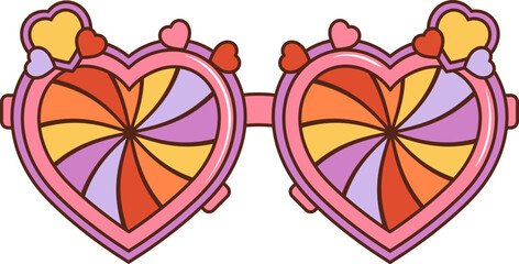 Canvas Print - Cartoon retro groovy hippie love eyeglasses. Isolated vector y2k style sunglasses with heart shaped frames and swirled rainbow lenses. Funny eyewear embodying free-spirited essence of funky culture