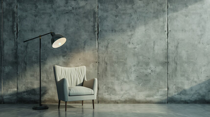 Aufkleber - Minimalist living room featuring a concrete wall, an armchair, and a lamp, for a contemporary and chic ambiance