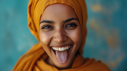 Wall Mural - Beautiful laughing hijab woman with stylish hair, tongue sticking out, peace gestures funny facial expressions