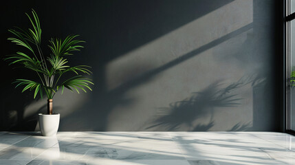 Aufkleber - Empty room with dark grey wall and marble floor featuring a plant casting shadows