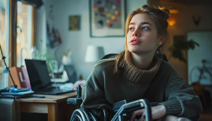 Canvas Print - A woman in a wheelchair is sitting in a room with a laptop and a cell phone