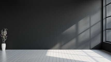Poster - Empty modern room with white hardwood floor and black wall, sunlight is casting shadows from a large window