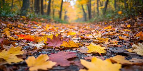 Wall Mural - vibrant autumn leaves changing color on a scenic hiking trail. concept autumn foliage, scenic hiking