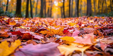 Wall Mural - vibrant autumn leaves changing color on a scenic hiking trail. concept autumn foliage, scenic hiking