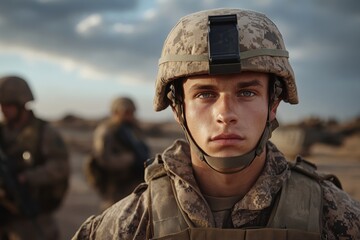 A young soldier with fierce gaze and blue eyes is depicted in his military uniform and helmet, standing ready for action with a background of a desert.