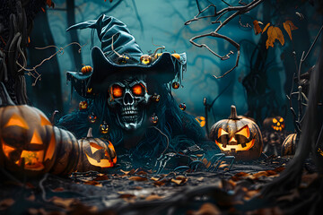 Wall Mural - scary spooky halloween season, monster skull and crossbones halloween witch with pumpkin, halloween and October background