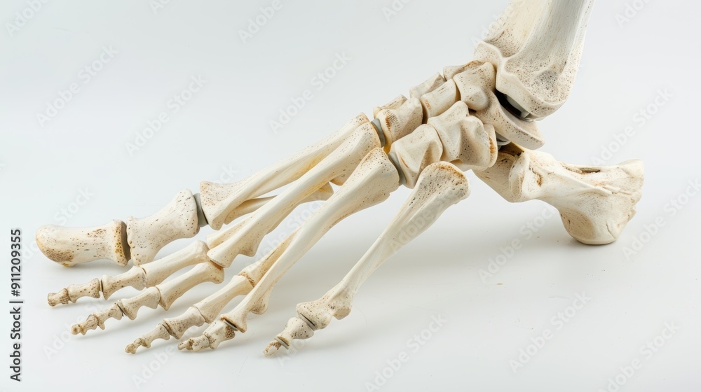 Human foot skeleton model laying on a white surface showing the tarsals ...