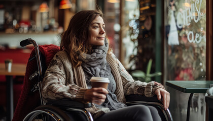 Canvas Print - A woman in a wheelchair is sitting in a cafe with a cup of coffee