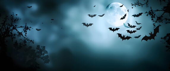 Wall Mural - Night, full moon and bats, horizontal banner. Colorful scary Halloween illustration. Vector