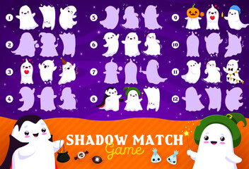 Sticker - Halloween shadow match game with cute kawaii ghost characters. Similarity search children game, shadow match vector playing activity or quiz worksheet with vampire and witch ghost, funny personages