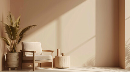Poster - Minimalist interior design with an armchair and a plant casting shadows in a sunlit room