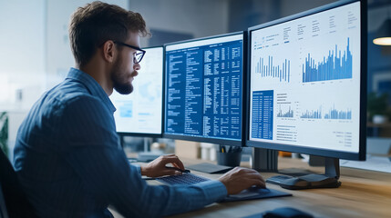 Poster - Highly skilled professional data analyst who specializes in advanced data visualization techniques while working at a modern office