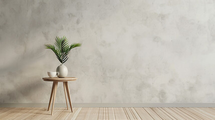 Poster - Sleek interior featuring a wooden coffee table adorned with a vase of plants and a cup
