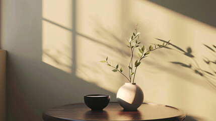 Poster - Sunlight creating shadows from a plant in a vase and a cup on a table in a contemporary, simple interior design