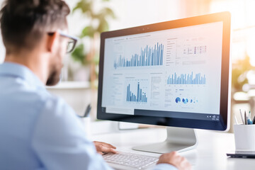 Poster - Focused and dedicated professional intently analyzing data presented on his computer screen within a modern and stylish workspace
