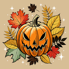 Poster - Halloween pumpkin bouquet of autumn leaves vector illustration