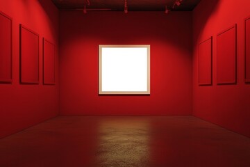 A red color empty room with a white frame on the wall --ar 3:2