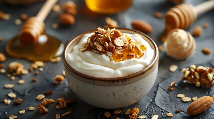 Wall Mural - A bowl of yogurt with nuts and honey on a table