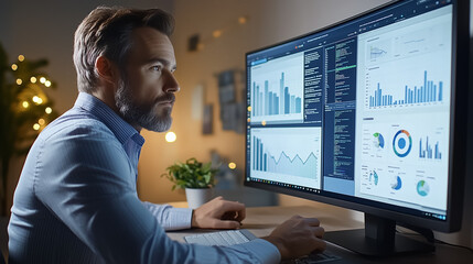 Poster - Focused Data Analyst is actively reviewing detailed Interactive Dashboards within a dynamic and modern Office Environment