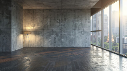 Poster - Morning sunlight illuminates an empty office with concrete walls