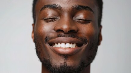 Wall Mural - Handsome smiled black man with closed eyes and a facial expression of pleasure, veneer white teeth