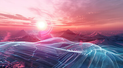 Abstract digital landscape with pink and blue colors, perfect for technology and futuristic concepts. 
