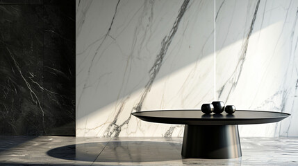 Wall Mural - Luxurious and elegant interior design with a black coffee table and a white marble wall