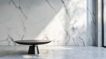 Sticker - Minimalist interior design featuring a large marble wall with sunlight casting shadows from a window